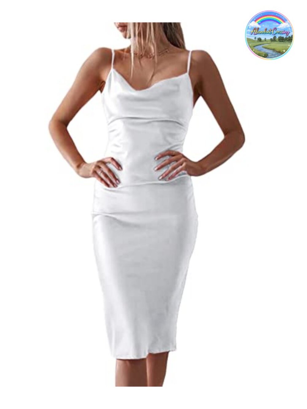 Satin Sleeveless Spaghetti Strap Cowl Neck Midi Dress Bodycon Cocktail